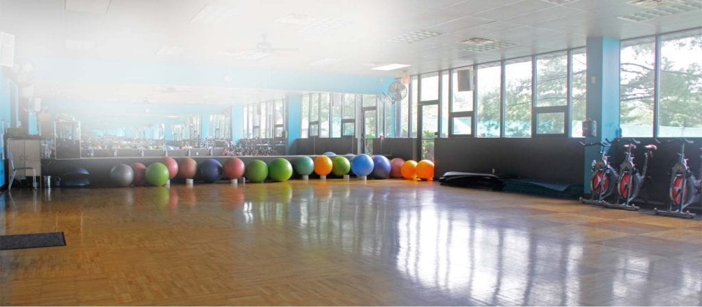 fitness balls in gym studio for group fitness classes